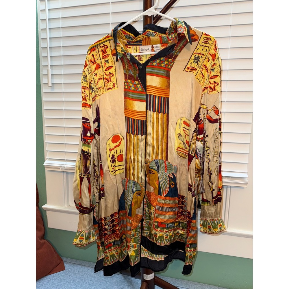 Spiegel 100% Silk Egyptian Hieroglyphics Women's Button Up Tunic Shirt 2X
